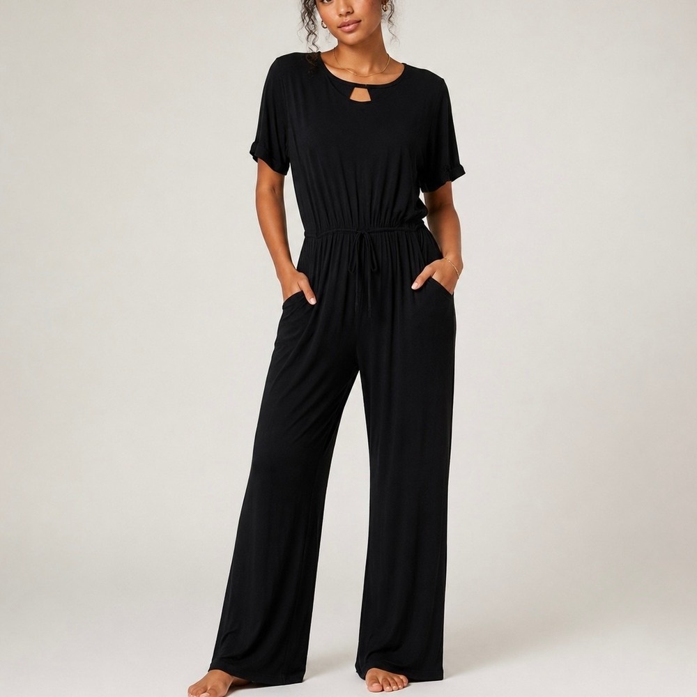 Annabelle Black Short Sleeve Wide Leg Knit Jumpsuit L Minimalist Relaxed Fit